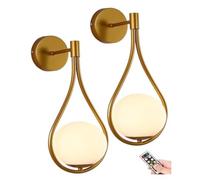GUODDM Appliques Murales, Lot De 2 Appliques Globe en Verre À Piles, Rechargeables par USB, sans Fil, Finition Laiton Doré, pour Salon, Chambre Ou Salle De Bain(Gold)