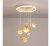 GUODDM Suspension Lumineuse « Ren's Room » : Luminaire Suspendu Créatif sur Le Thème des Astronautes Et des Planètes, en Métal avec Abat-Jour en Verre ; Lustre LED Moderne À 3 Modes De Couleur