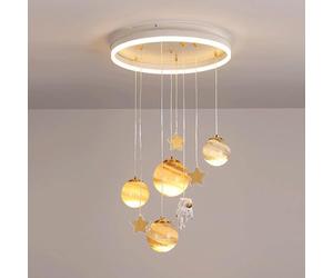 GUODDM Suspension Lumineuse « Ren's Room » : Luminaire Suspendu Créatif sur Le Thème des Astronautes Et des Planètes, en Métal avec Abat-Jour en Verre ; Lustre LED Moderne À 3 Modes De Couleur