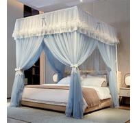 GUOIOOI Rideaux de lit à baldaquin aux 4 Coins avec nœud en Dentelle à Volants, Ciel de lit de Princesse avec Dessus occultant Amovible,for lit Queen/Double(Blue,Full/1.5x2M)