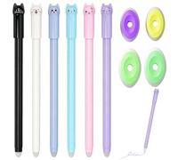 GUOYOU 6 Pièces Chat Stylo Effacables, Stylo Encre avec Encre Thermosensible Gomme, Couleurs Assorties Stylos à Gel Effaçable 0.5mm Pointe Rechargeable pour Fournitures Scolaires (Bleu)