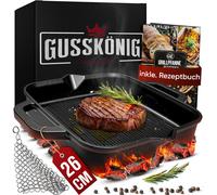 GUSSKÖNIG Poêle en fonte 26cm : Poêle à griller cuite au four, robuste, pour barbecue à gaz, avec nettoyant pour anneau & livre de recettes. Idéale pour une cuisine polyvalente.