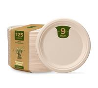 GUSTO Lot de 125 assiettes en papier kraft 100 % compostables, de 22,9 cm, écologiques, jetables et résistantes pour le dîner - Assiettes en bagasse biodégradable, naturelles et non blanchies