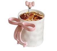 Gvblkq Tasse avec nœud en ruban, cuillère à café en céramique, jolie tasse à café, jolie tasse à café, tasse cadeau pour amis, tasse de famille, tasse de collègue, tasse à poignée en ruban