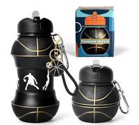 GVMJHYK Bouteille d'eau en Silicone pour le Basketball noir, Gourde Pliable sans BPA avec Porte-clés Trophée de Basketball noir, Bouteille pour Enfants et Adultes, Gourde Thermos 550 ml
