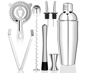Gvolatee 750ML Shaker Cocktail, 8 Pièces INOX Shaker Vinaigrette, Professionnel kit pour Barman, avec crépine, Jigger, cuillère, verseur, pour mélanger des Boissons, Bar, Home, Party (Argent)
