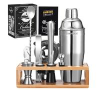 GWHOLE Shaker Cocktail Kit Shaker Cocktail INOX, Kit Cocktail Complet Professionnel, Kit Mojito Shaker INOX, Kit Shaker à Cocktail en Acier Inoxydable avec Accessoires, Support Bois, Recette