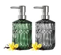 Gykutix Lot de 2 Distributeur Savon Cuisine en Verre, 450 ML Distributeur Savon Salle de Bain Rechargeable pour Liquide Vaisselle, Huile Essentielle, Shampoing, Lotio (Vert + Gris)