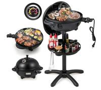 GYMAX 2-EN-1 Gril Barbecue Electrique sur Pied/Table, pour Intérieur/Extérieur, avec Thermomètre, Régulateur pour Contrôle de Température 180-270℃, 2 Zones de Cuisson, Plateau de Rangement