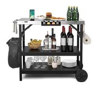 GYMAX Chariot Barbecue Pliable 3 Niveaux, Desserte Jardin Mobile avec 2 Roues, Robuste en 201 Acier Inoxydable, avec Tablette à Épices, Porte-Poubelle, Porte-Mouchoirs,106x52x84cm