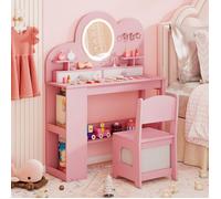GYMAX Coiffeuse Enfant avec Chaise et Miroir LED,Coiffeuse de Maquillage à Intensité Réglable,Crochets,Étagère et 5