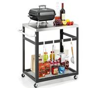 GYMAX Desserte Plancha Extérieur avec 4 Roues Verrouillables | Chariot Barbecue Mobile, Plateau en Acier Inox, Étagère de Rangement, 4 Crochets Amovibles, Capacité 60kg, 84 x 51 x 85 cm