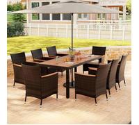 GYMAX Ensemble de Salons de Jardin 8 Personnnes, 1 Table en Bois et 8 Chaises en Rotin, Trou de Parapluie de 5CM, pour Extérieur
