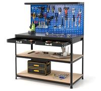 GYMAX Établi Garage Atelier avec Table de Travail, 24 Crochets pour Rangement d'Outils, Panneau Perforé, 2 Tiroirs, 3 Etagères Ouvertes, Charge Max. 230 KG (Bleu)