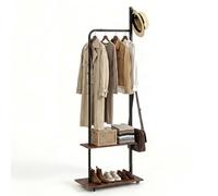 GYMAX Porte-Manteau pour Entrée, Mobile Sur 2 Roulettes, avec Étagères de Rangement pour Chaussures Sac Chapeau Vêtement, 2 Crochets Latéraux de Suspension, Cadre en Métal Robuste, 60 x 30 x 175 cm