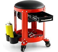 GYMAX Tabouret d'Atelier à roulettes Rond, Charge Max 150KG, Tabouret Roulant pour Mécanicien avec Double Tiroirs et Porte-boîtes, Chaise de Travail de Réparation pour Garage/Atelier