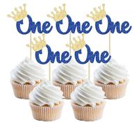 Gyufise Lot de 24 décorations de cupcakes pour premier anniversaire - Couronne à paillettes - Pour fête prénatale - Bleu