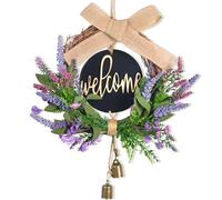 GZGXKJ Couronne de Porte Printemps Lavande Artificielle Couronne Porte D'entrée avec Panneau de Journal Welcome, Arcs et Cloches 40cm Décorations de Portes Été pour Portes Fenêtres Clôtures