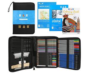 H & B Crayon Dessin,75 pièces Kit Dessin,12 Crayons Aquarelle 12 Crayon Couleurs 12 Crayons Metalliques et Carnets de Croquis, Idéal pour Artiste, Adultes