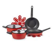 H&H Batterie de cuisine 7 pièces Accord en aluminium avec revêtement antiadhésif Pfluon Rouge, casseroles et casseroles avec couvercles en verre, fond universel pour tous les plans de cuisson