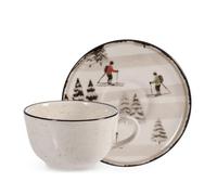 H&H Lot de 2 tasses à thé/Cappuccino en Stoneware 200 cc avec soucoupe - Décoration rétro Skier, beige pointu avec bordure noire, soucoupe avec pistes et skieurs enneigés, parfaits pour l'hiver