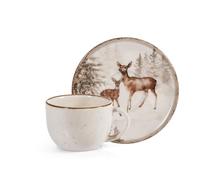 H&H Lot de 4 tasses à café en Stoneware avec soucoupe - 115 cc - Beige pointu avec bord marron, décoration magique avec paysage enneigé, parfait pour l'hiver et Noël