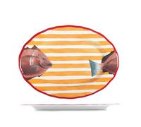 H&H - Plat ovale en mélamine 46 cm - Motif poisson rayé jaune et blanc, bord rouge - Résistant, lavable en lave-vaisselle, style estival