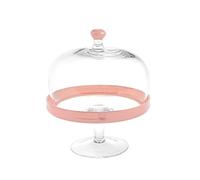 H&H Plat sur Pied avec Cloche, Verre, Transparent/Rose, 26 cm, Diamètre 22 cm