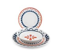 H&H Service d'assiettes 18 pièces Zephyra - Porcelaine Décorée, Forme Coupe - 6 assiettes plates 27 cm, 6 assiettes creuses 23 cm, 6 assiettes fruits 19,5 cm - Lavables au lave-vaisselle et adaptés au