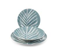 H&H Service de table bleu Foliage en porcelaine décorée 18 pièces - 6 assiettes plates 27 cm, 6 fonds 23 cm, 6 fruits 19 cm forme aile - Lave-vaisselle et micro-ondes