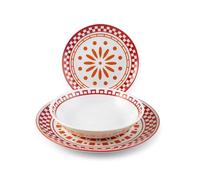 H&H Service de table Kora 18 pièces en porcelaine décorée, assiettes plates, fonds et fruits avec décorations rouges et oranges, convient au lave-vaisselle et aux micro-ondes, idée cadeau parfaite