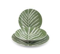 H&H Service de table Minty Foliage en porcelaine décorée 18 pièces - 6 assiettes plates 27 cm, 6 fonds 23 cm, 6 fruits 19 cm forme aile - Lave-vaisselle et micro-ondes