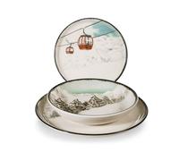 H&H Service de Table Noël 12 Pièces Winter Escape en Grès - Assiettes Plates, Creuses et à Dessert - Illustrations Vintage de Skieurs, Idéal pour Créer une Table Élégante et Moderne pour Noël