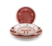 H&H Service de table Rosy 18 pièces en porcelaine - assiettes plates, fonds et fruits avec décorations roses et bordeaux - convient lave-vaisselle et micro-ondes, idée cadeau parfaite
