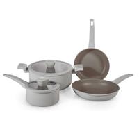 H&H Set de Cuisine Antiadhésif Alma - 6 Pièces - Aluminium Forgé avec Revêtement Pfluon, Casseroles, Poêles et Couvercles en Verre - Compatible Tous Feux dont Induction - Grise