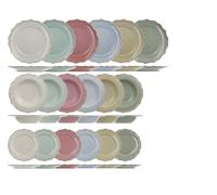 H&H Sinfonia Service de table 18 pièces en grès, ensemble d'assiettes pour 6 personnes, couleurs pastel assorties, ailes festonnées décorées, lave-vaisselle et micro-ondes