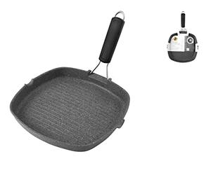 H&H Stone Grill Carré avec Fond à Induction, Manche en Silicone, Aluminium, Anthracite, 28 cm