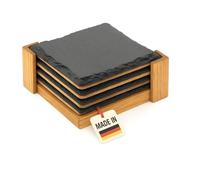 H&S Design Quadros Lot de 4 sous-verres en bois de chêne et ardoise, 10 x 10 x 0,5-0,8 cm, fabriqués à la main, pour verres et aliments fins, idée cadeau vin (avec support)
