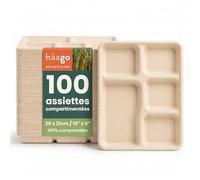 HAAGO 100 Assiettes Solides Compostables à 5 Compartiments 26×21cm - Plateaux Repas Rigides en Bagasse de Canne à Sucre, Anti-Graisse & Anti-Fuites - Pour Chaud & Froid, Fêtes, Pique-nique, Traiteur