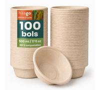 HAAGO 100 Bols Jetables Extra Solides Compostables 500 ml / 17 oz - Canne à Sucre (Bagasse) - Bols Carton Rigides, Anti-Graisse & Anti-Fuites - Pour Soupe, Ramen, Salade, Pâtes, Traiteur