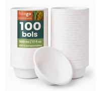 HAAGO 100 Bols Jetables Extra Solides Compostables 500 ml / 17 oz - Canne à Sucre (Bagasse) - Bols Carton Rigides, Anti-Graisse & Anti-Fuites - Pour Soupe, Salade, Ramen, Pâtes, Traiteur