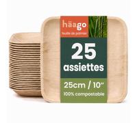HAAGO 25 Assiettes Jetables Carrées en Feuille de Palmier, 25 cm - Pour Plats Chauds et Froids, Fêtes et Barbecue - Compostables, Micro-ondes, Four et Congélateur, Aspect Bois et Bambou