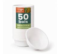 HAAGO 50 Bols Jetables Extra Solides Compostables 500 ml / 17 oz - Bagasse de Canne à Sucre - Bols Carton Rigides, Anti-Graisse & Anti-Fuites - Pour Soupe, Ramen, Salade, Pâtes, Traiteur