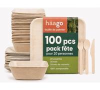 HAAGO Vaisselle Jetable en Feuille de Palmier, 100 Pièces pour 20 Personnes - 20 Assiettes Carrées 22 cm, 20 Bols 450 ml et 60 Couverts en Bois - Compostable, Aspect Bambou