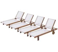 Habitat et Jardin - Lot de 4 Bains de Soleil en Bois Exotique et Textilène Saïgon - Chaises de Jardin, Piscine et Balcon - Transats avec Dossier Inclinable + 2 Roues Arrières - Ecru