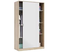 Habitdesign Armoire 2 portes coulissantes et étagères 200 x 120 x 50 cm (H x l x P) Penderie pour chambre principale, armoire pour enfant, couleur blanche « Artik » et chêne canadien
