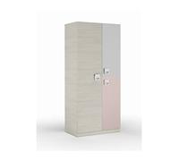 Habitdesign Armoire pour enfant 3 portes et 3 étagères 200 x 90 x 52 cm (Hauteur x largeur x profondeur) Armoire pour enfant Blanc Alpes, gris et rose pastel Modèle nuage