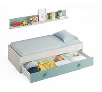 Habitdesign Lit gigogne pour enfant, 2 lits + étagère, blanc Alpes et vert d’eau, dimensions : 200 x 98 x 43 cm (l x P x H).