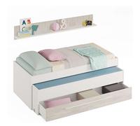 Habitdesign Lit gigogne pour enfant, 2 lits + tiroir + étagère, finition en Blanc « Artik » et blanc « Velho », dimensions : 199 x 96 x 65 cm (l x P x H).