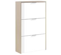 Habitdesign Meuble à chaussures étroit 3 portes Finition blanc brillant et chêne canadien, dimensions : 60 x 113 x 22 cm (l x H x P).